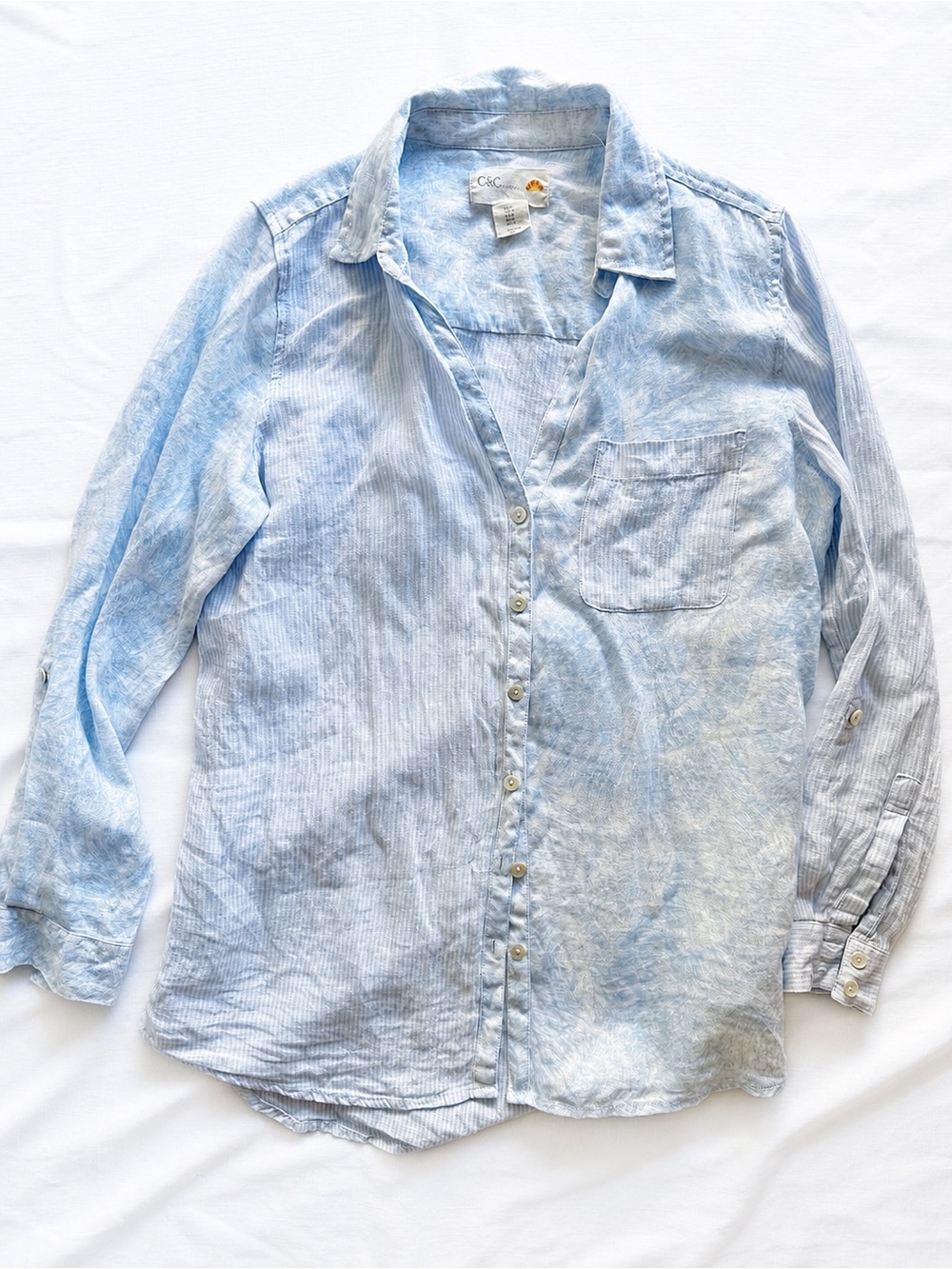 C&C California 100% Linen Blue Mixed Print Button Down Shirt Size Small